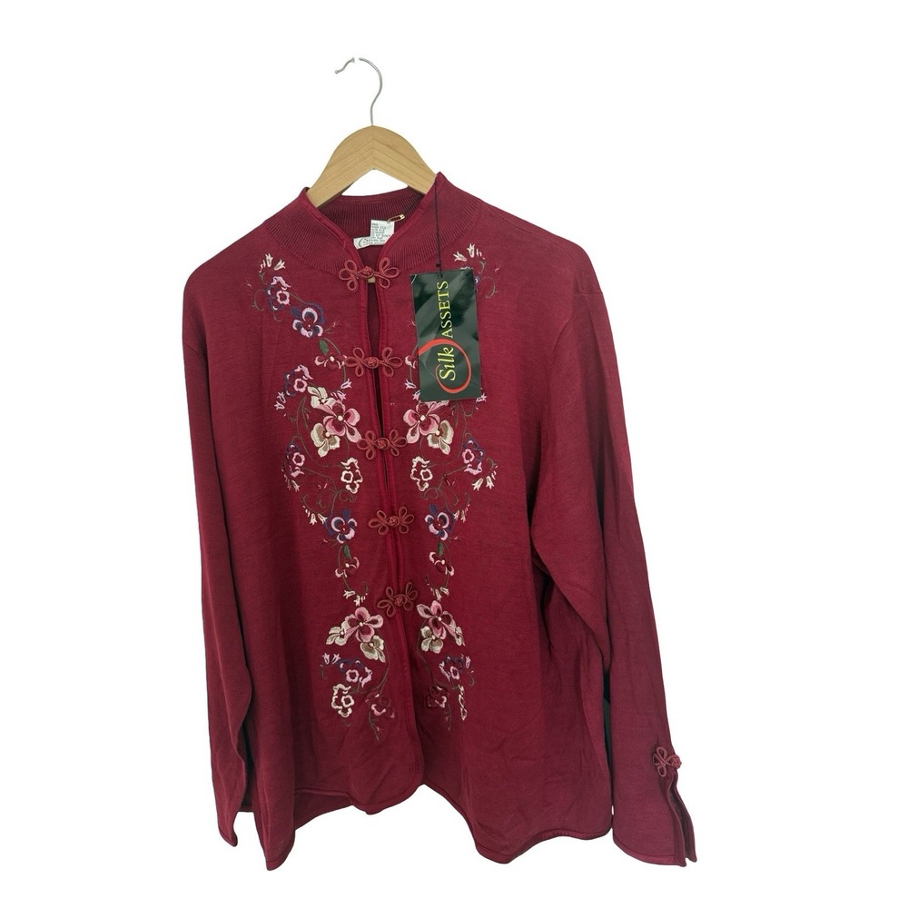 Diane von Furstenberg Silk Assets Cardigan 2X Red Floral Embroidered Sweater NEW